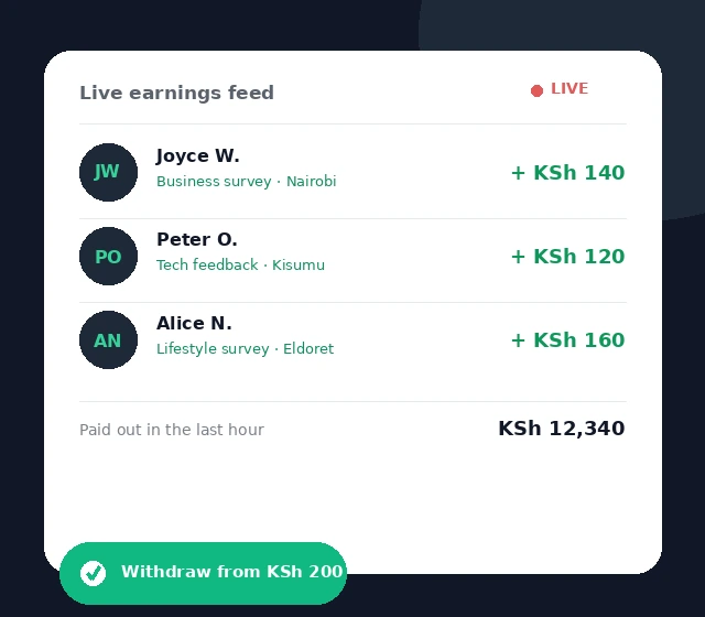 LegitSurveys live earnings feed showing recent M-Pesa payouts